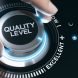 Hand turning a quality knob to improve the quality. Composite image between a hand photography and a 3D background.