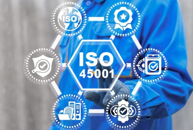 Concept of ISO 45001 Industrial Safety Work Health Standard.