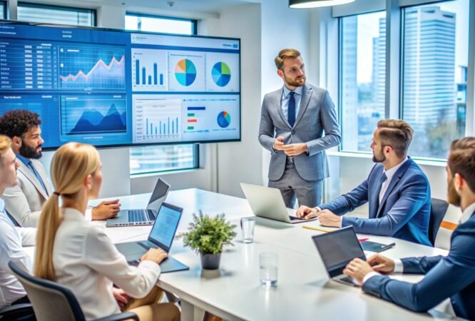 Business people in a meeting, looking at a presentation on the screen.