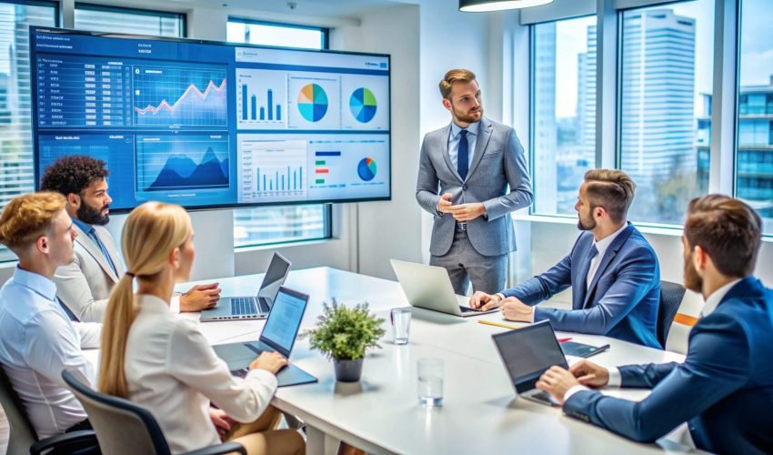 Business people in a meeting, looking at a presentation on the screen.