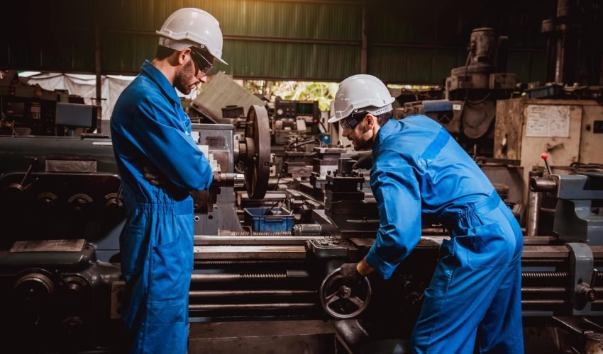 industry-engineering-wearing-safety-uniform-control-operating-computer-controlled-lathe-grinding-machine-working-in-industry-factory-free-photo