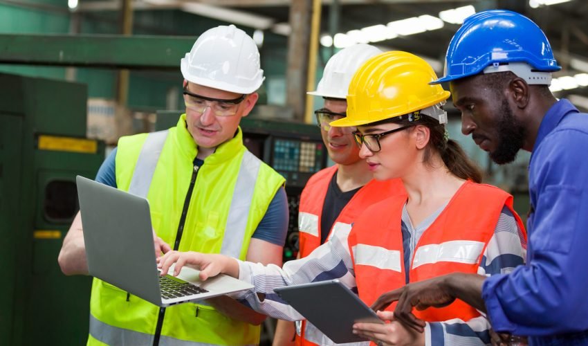 Diversity factory worker working with computer laptop in factory. Male and female worker wearing safety uniform, helmet and gloves at work factory. Group of worker working at factory